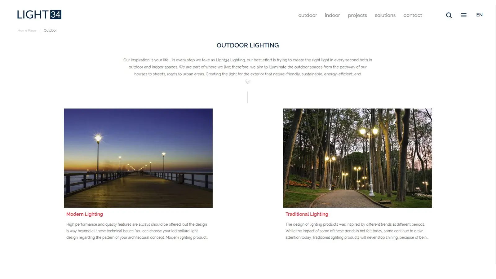 Light34 Aydınlatma Web Sitesi Outdoor Sayfası Tasarımı
