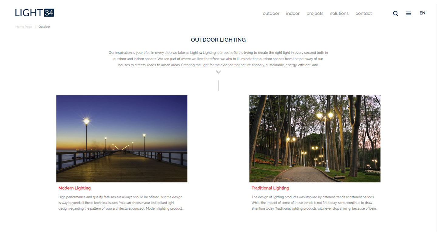 Light34 Aydınlatma Web Sitesi Outdoor Sayfası Tasarımı