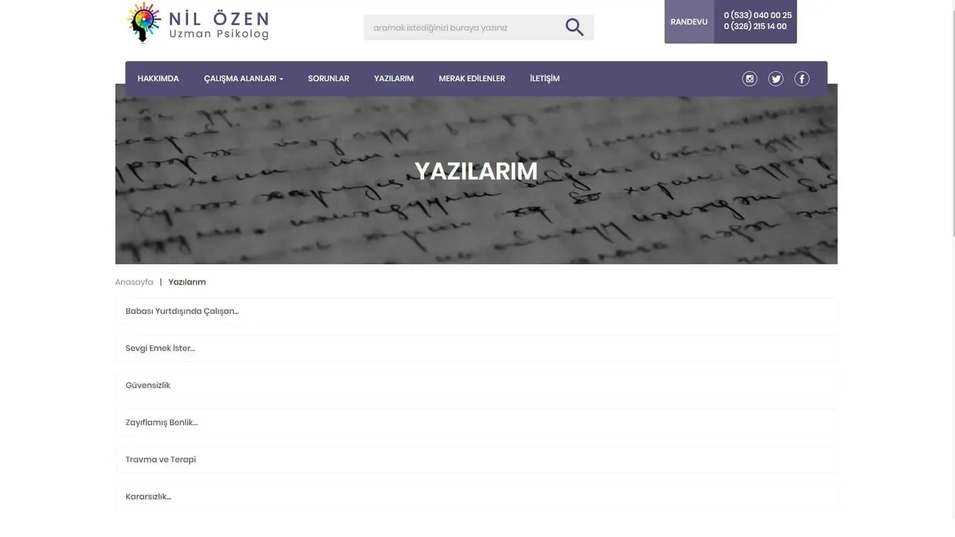 Antakya Psikoterapi Merkezi Web Sitesi Yazılarım Sayfası Arayüzü