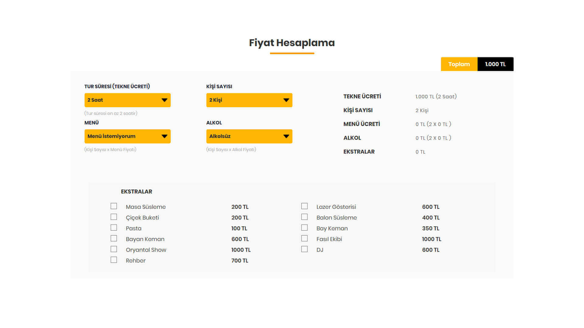 Tekne Kiralama Web Sitesi Organizasyon Fiyat Hesaplama Yazılım Modülü