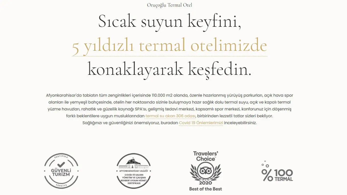 Web sitesinde otelin avantajlarının sunumu yapılmaktadır