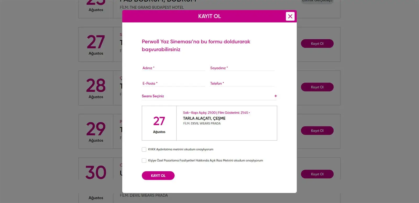 Yaz Sineması Film Seans Kayıt Ekranı