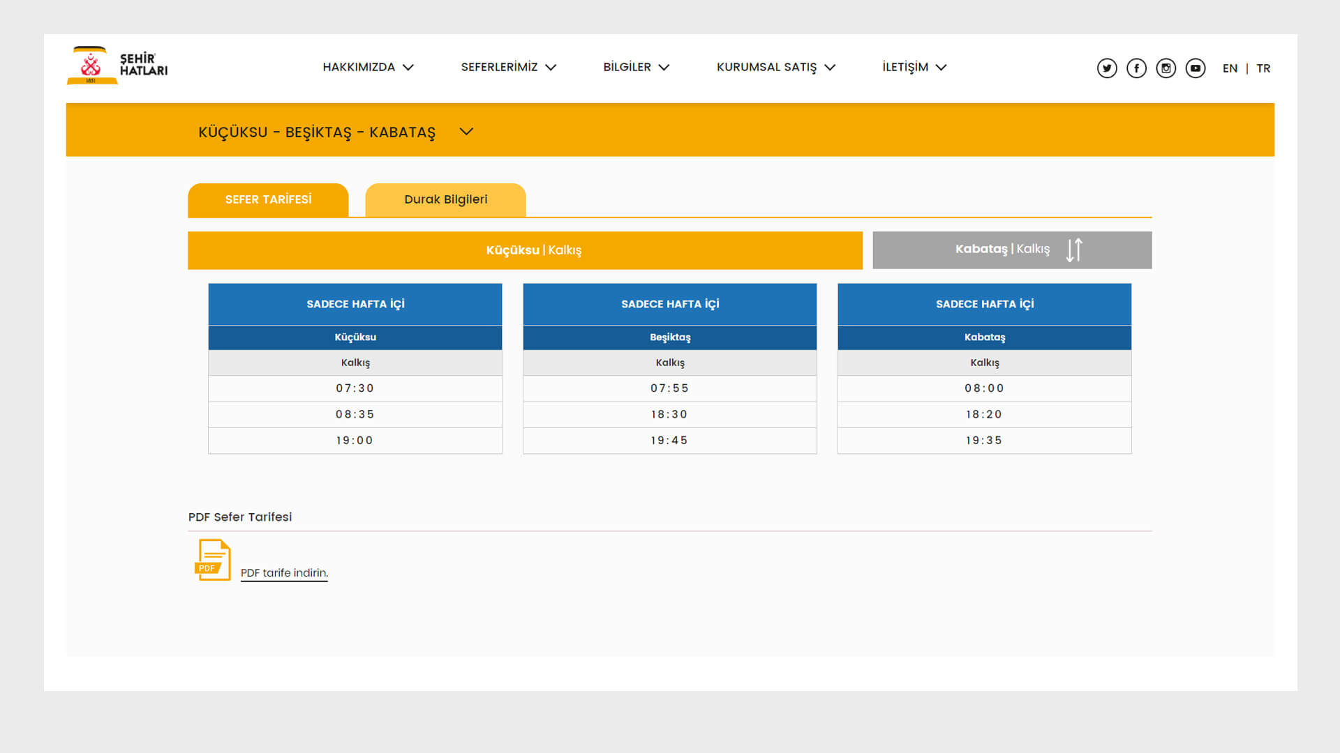 Şehir Hatları Web Sitesi Sefer Saat Bilgileri Modülü