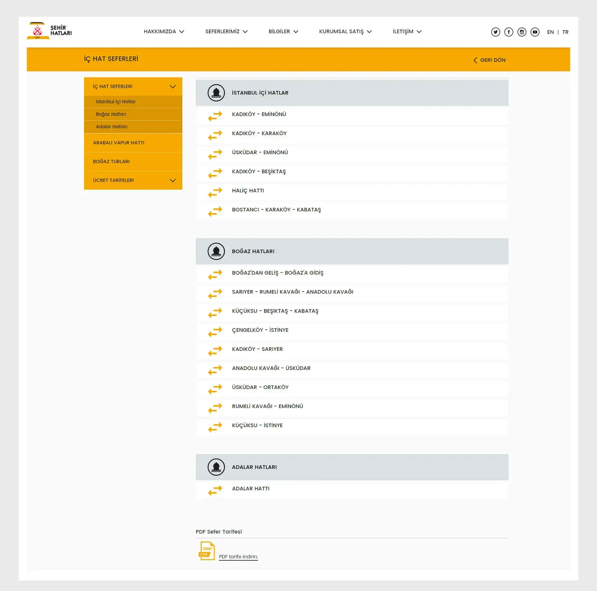 Erişilebilir Şehir Hatları Web Sitesi Sefer Tarifeleri Sayfası