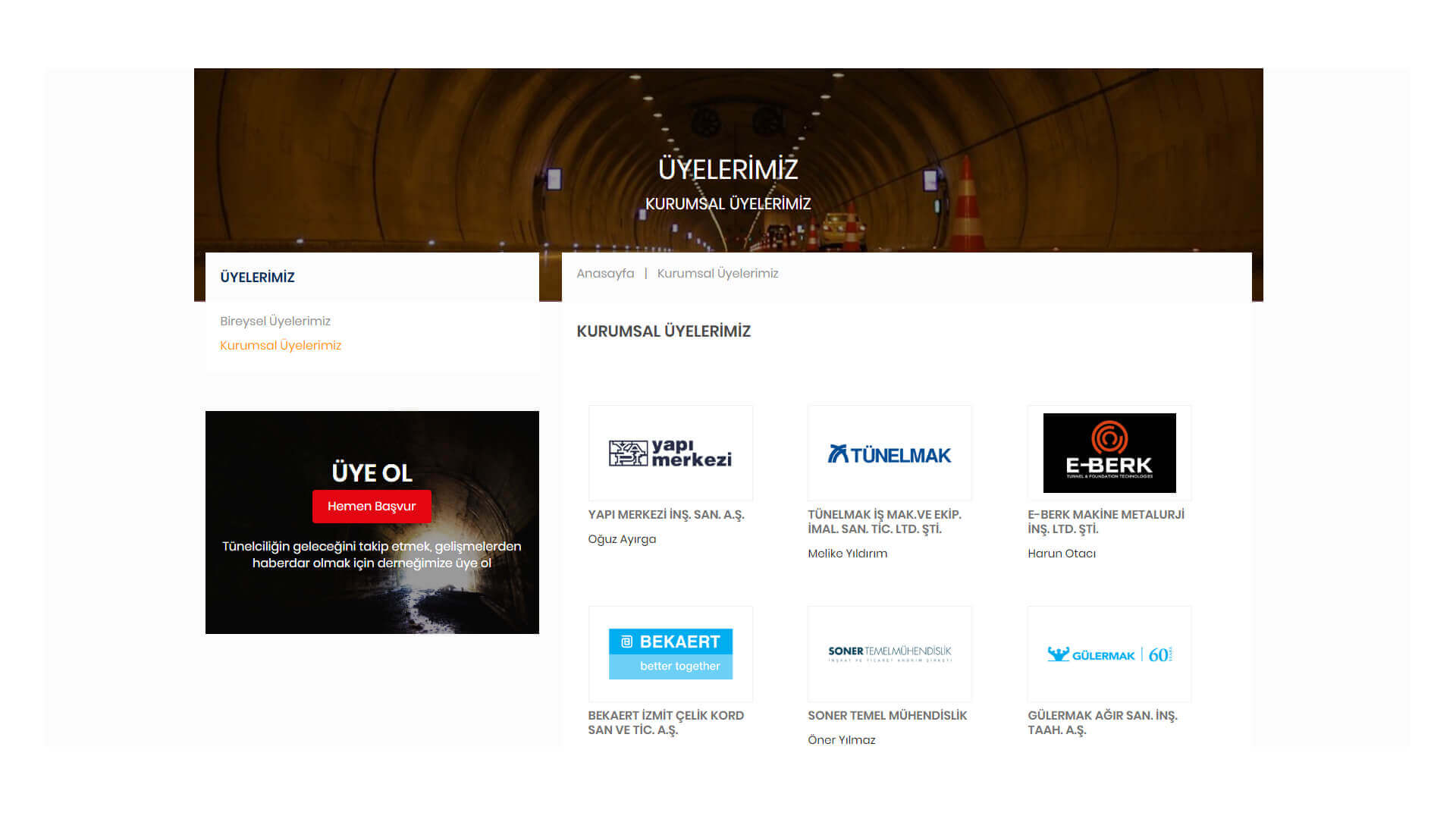 Tünelder Web Sitesi Üyelik İşlemleri Sayfası