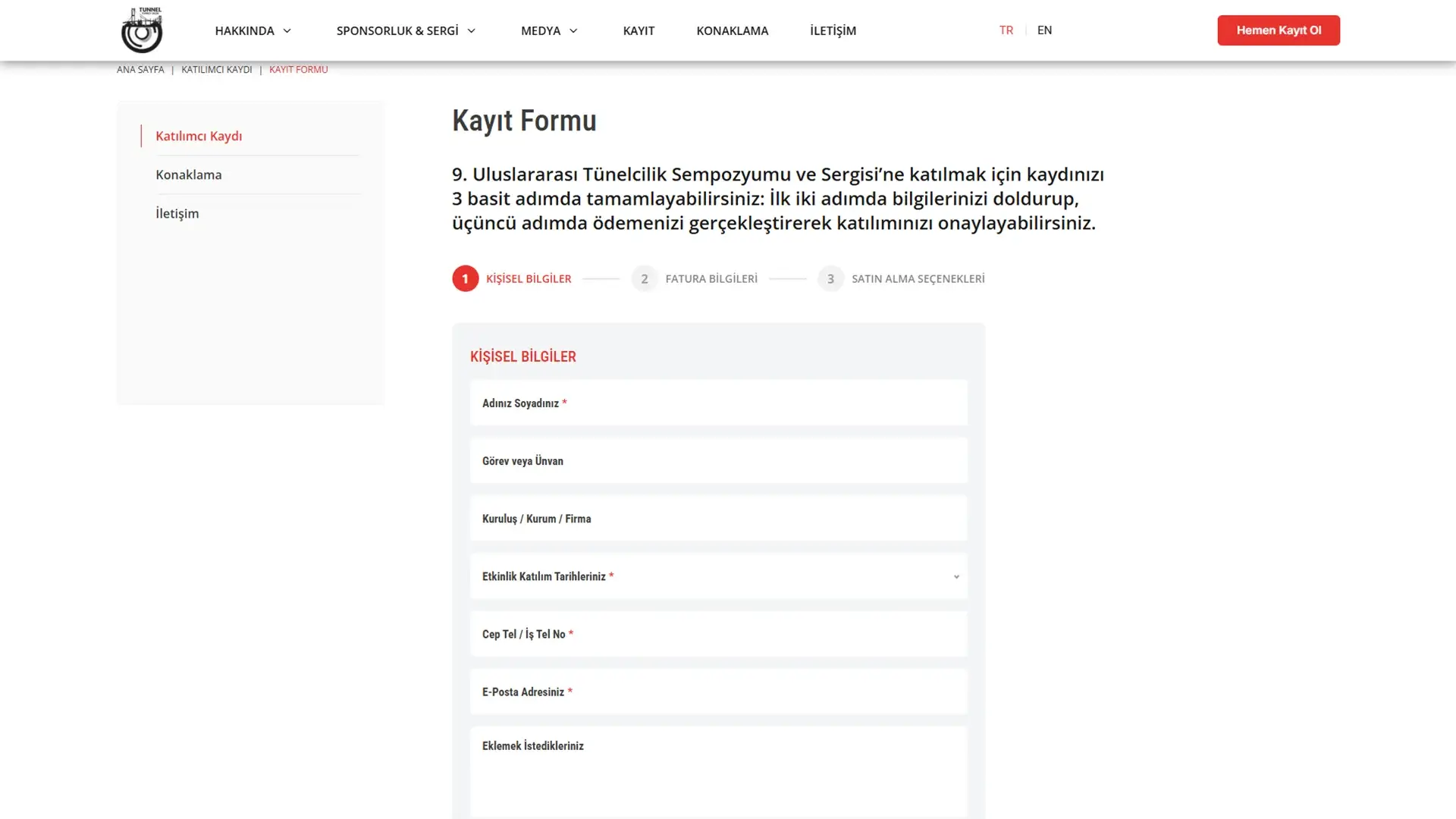 Tunnel Turkey 2026 Sempozyumu Online Katılımcı Kayıt Formu ve Arayüz Tasarımı