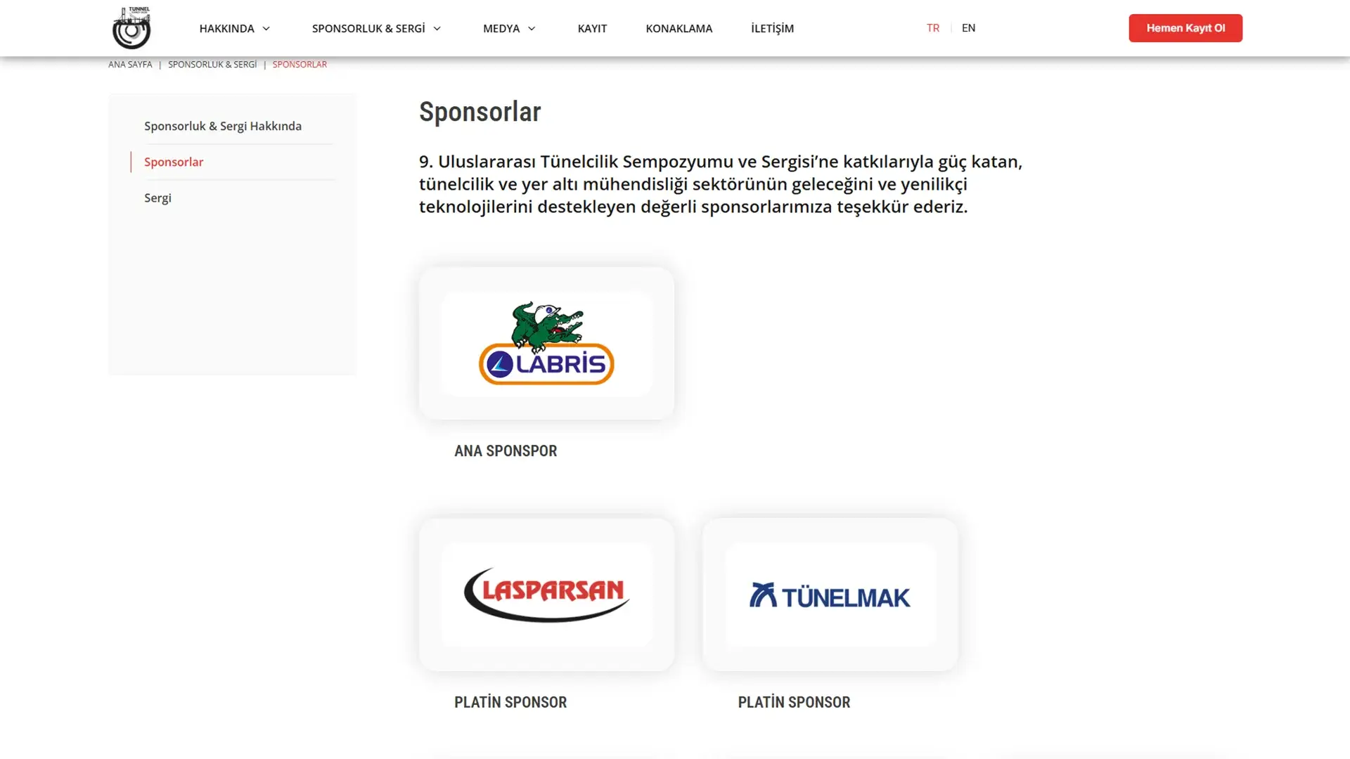 Tunnel Turkey 2026 Sempozyumu Sponsorluk ve Sergi Alanı Yönetimi Sayfası Tasarımı