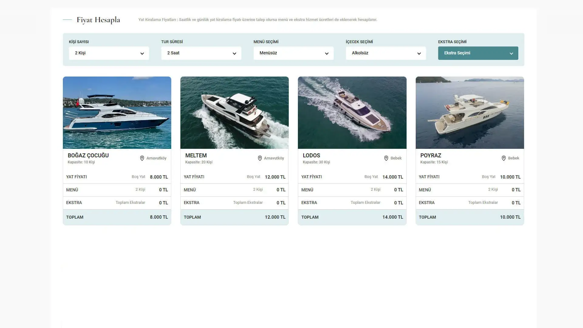 Web sitesi yat kiralama bütçe hesaplama yazılım modülü